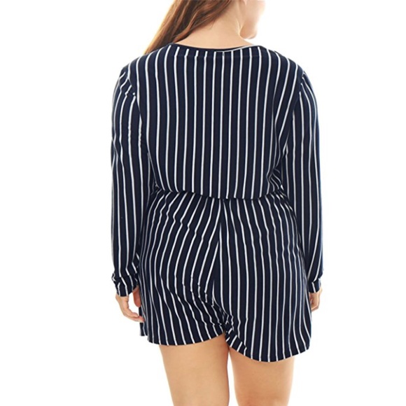 Plus Size Striped V Neck Tie Waist Wrap Romper - Picture 3 of 4